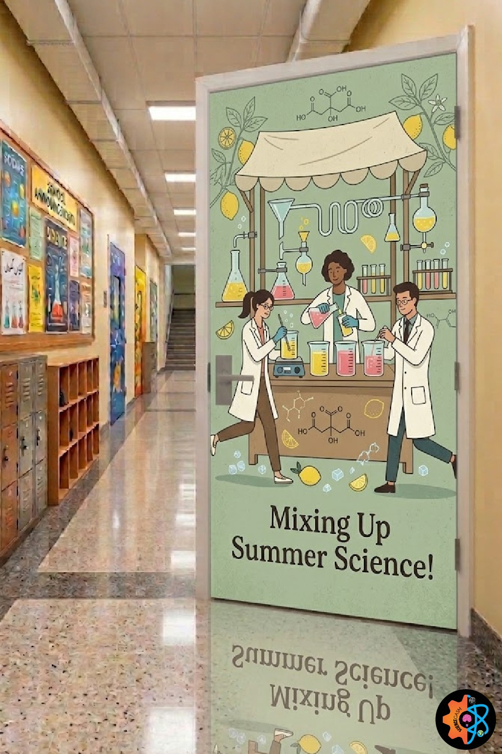 Science classroom door decoration featuring students conducting chemistry experiments with laboratory glassware, beakers, flasks, and the phrase “Mixing Up Summer Science” in a school hallway.