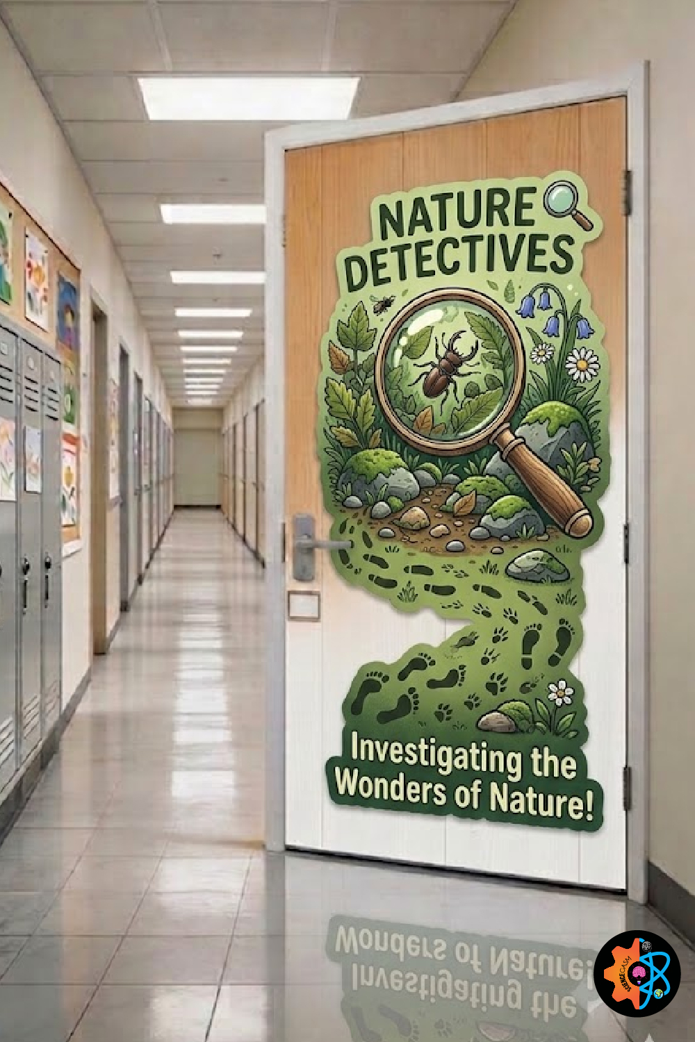Nature Detectives classroom door decoration featuring a large magnifying glass focusing on a beetle insect surrounded by forest elements and animal tracks.