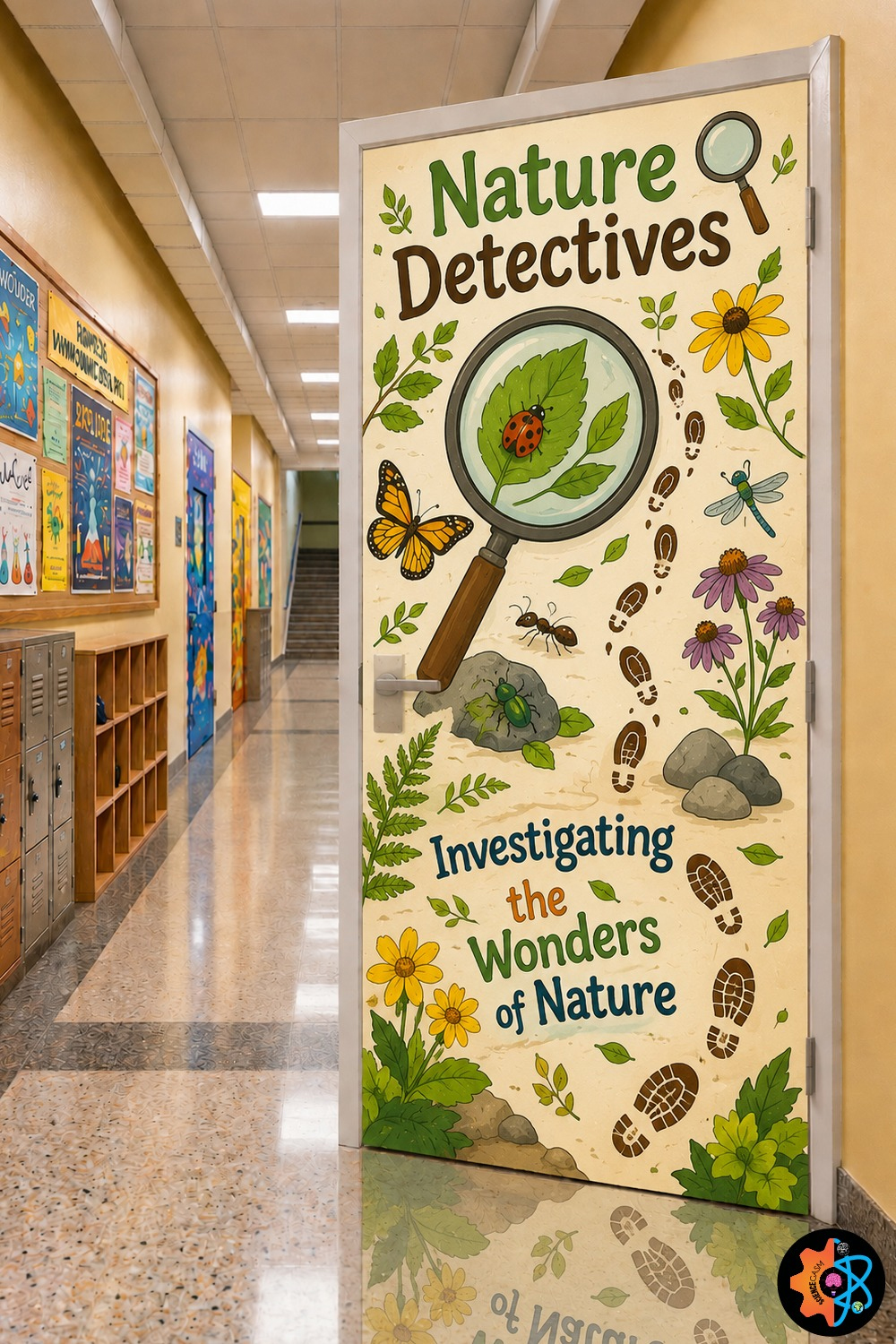 Nature Detectives classroom door decoration featuring a large magnifying glass focusing on a ladybug surrounded by insects, wildflowers, and animal tracking footprints.