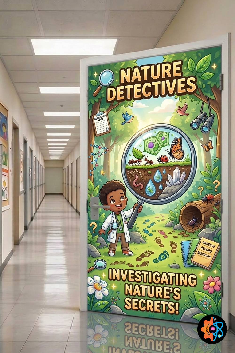 A biology-themed science classroom door decoration featuring a young cartoon boy holding a giant magnifying glass to inspect bugs, soil layers, and plant cells under the title Nature Detectives.