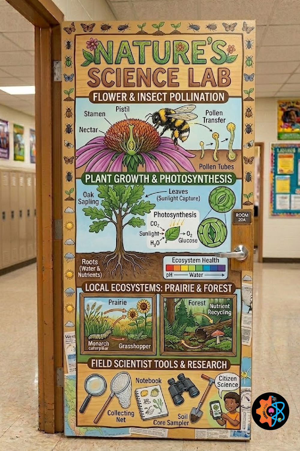 Nature's Science Lab classroom door decoration showing plant growth, pollination with a honeybee, local ecosystems, and field researcher tools.