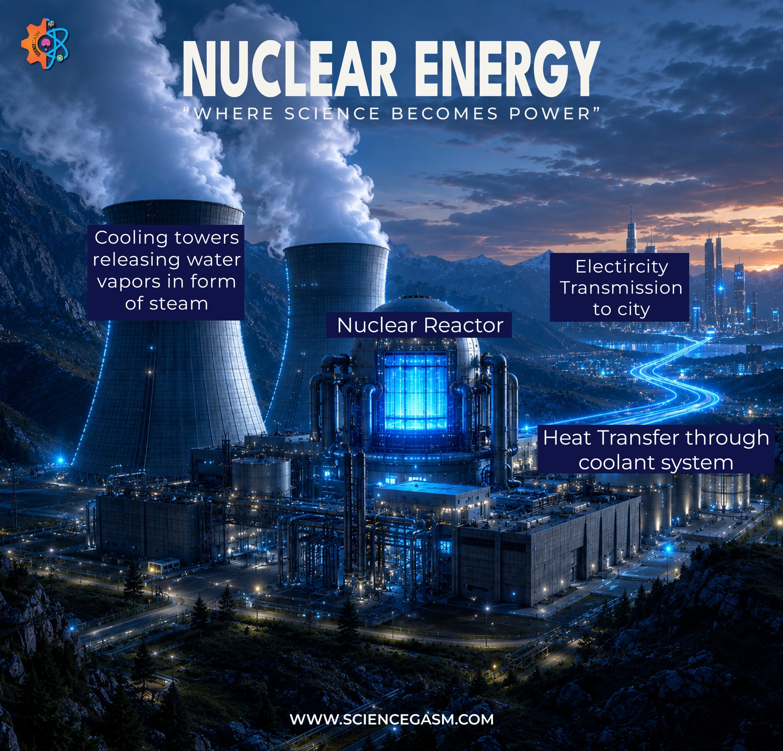 An educational science poster titled Nuclear Energy featuring a detailed nuclear power plant illustration with explanatory text labels for the reactor, cooling towers, and power lines.