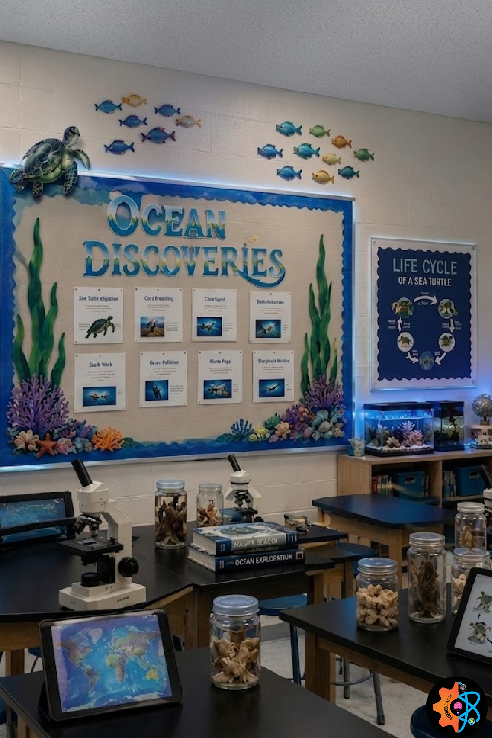 Ocean Discoveries marine biology bulletin board for classroom featuring sea turtles, coral reefs, ocean animals, marine ecosystems, and interactive science classroom decorations for STEM learning.