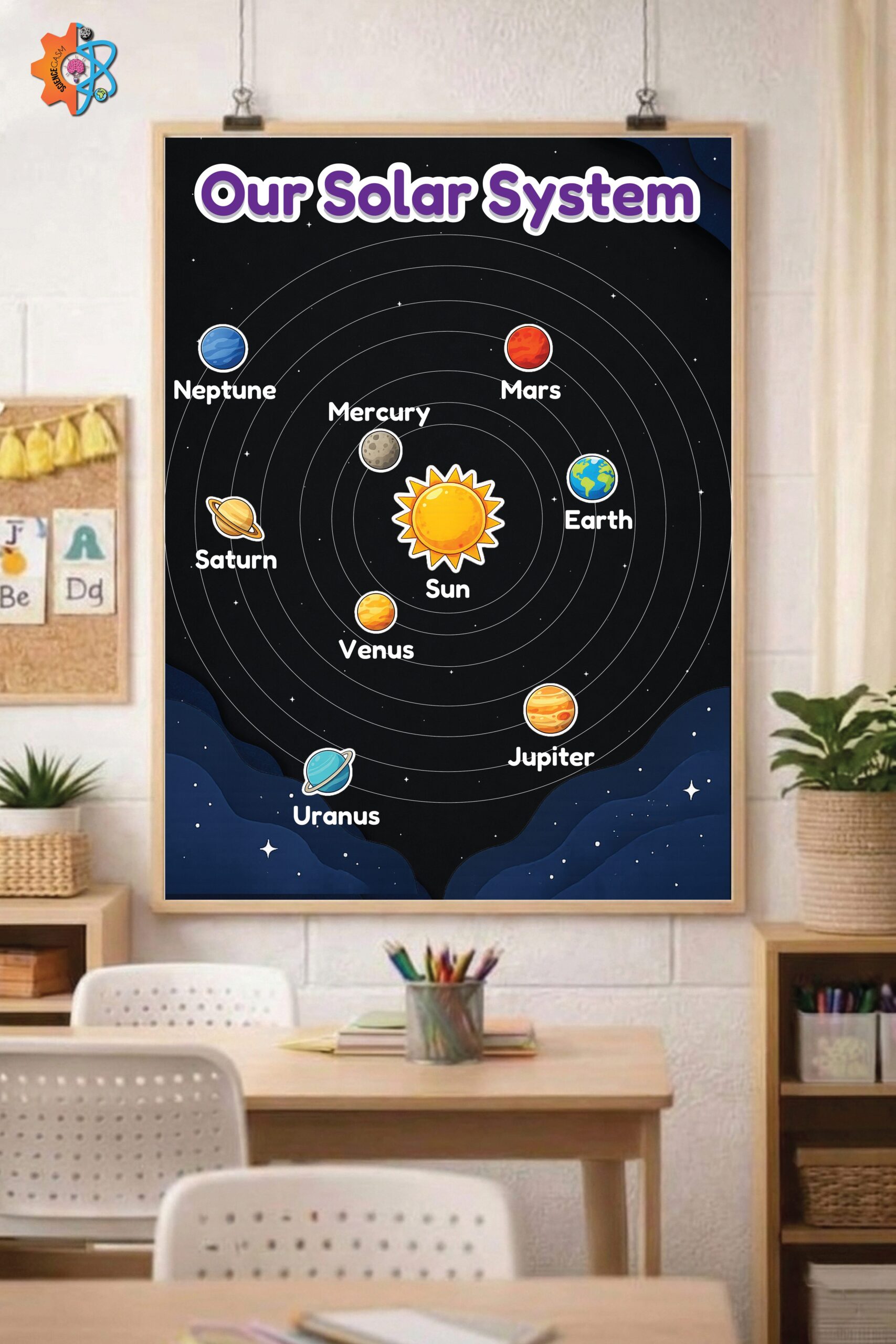 An educational astronomy poster titled Our Solar System showing planets orbiting the sun on an elementary school classroom wall.