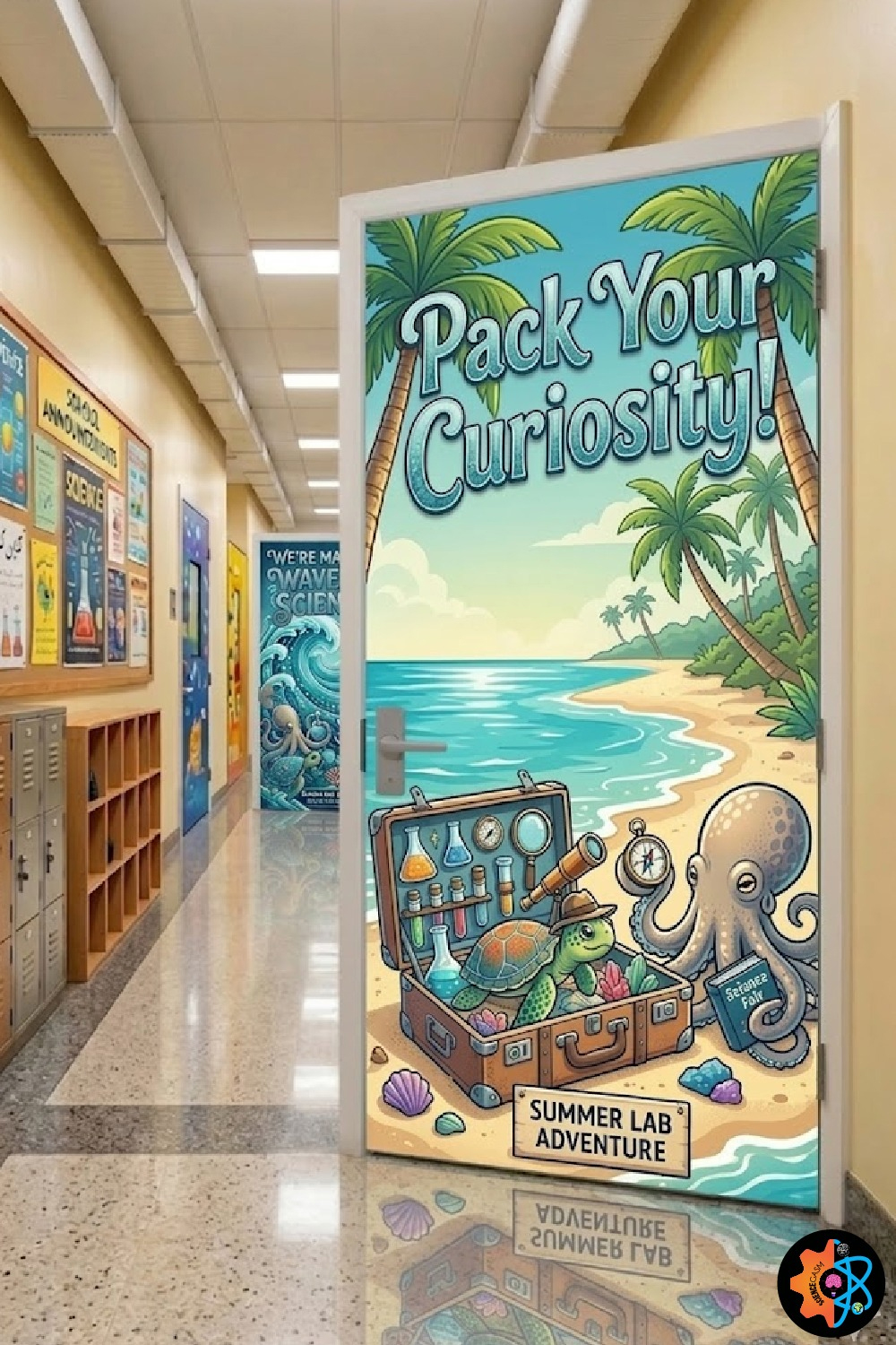 Beach themed classroom door decoration titled Pack Your Curiosity featuring an octopus and sea turtle with a science lab briefcase on a sandy shore.