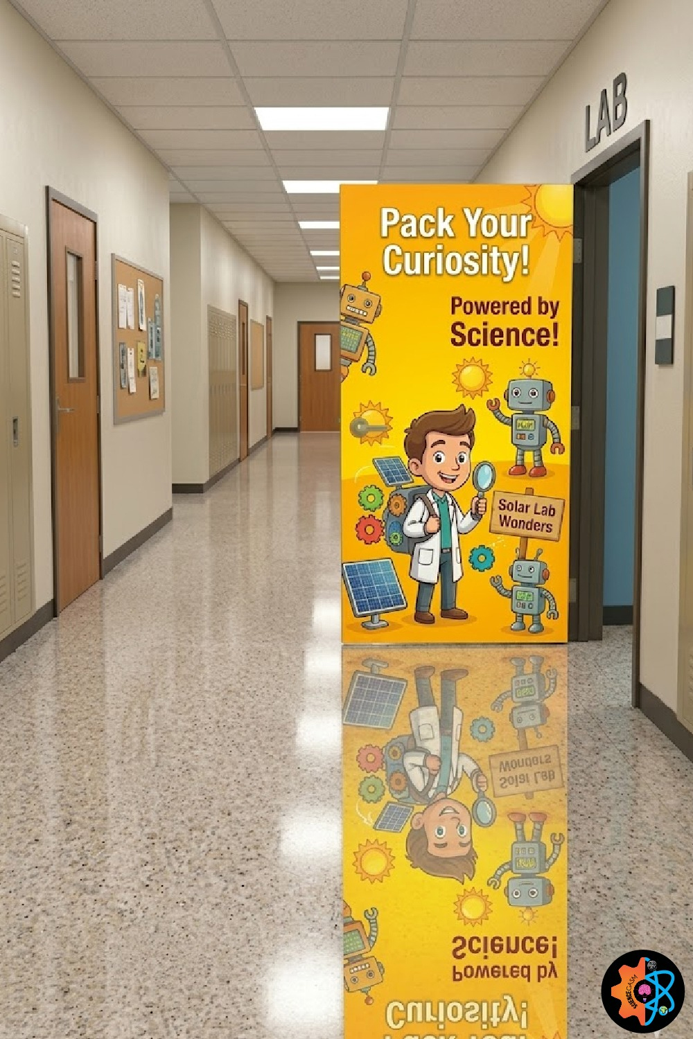 Bright yellow science classroom door decoration titled Pack Your Curiosity featuring a student scientist, solar panels, and solar powered robots.
