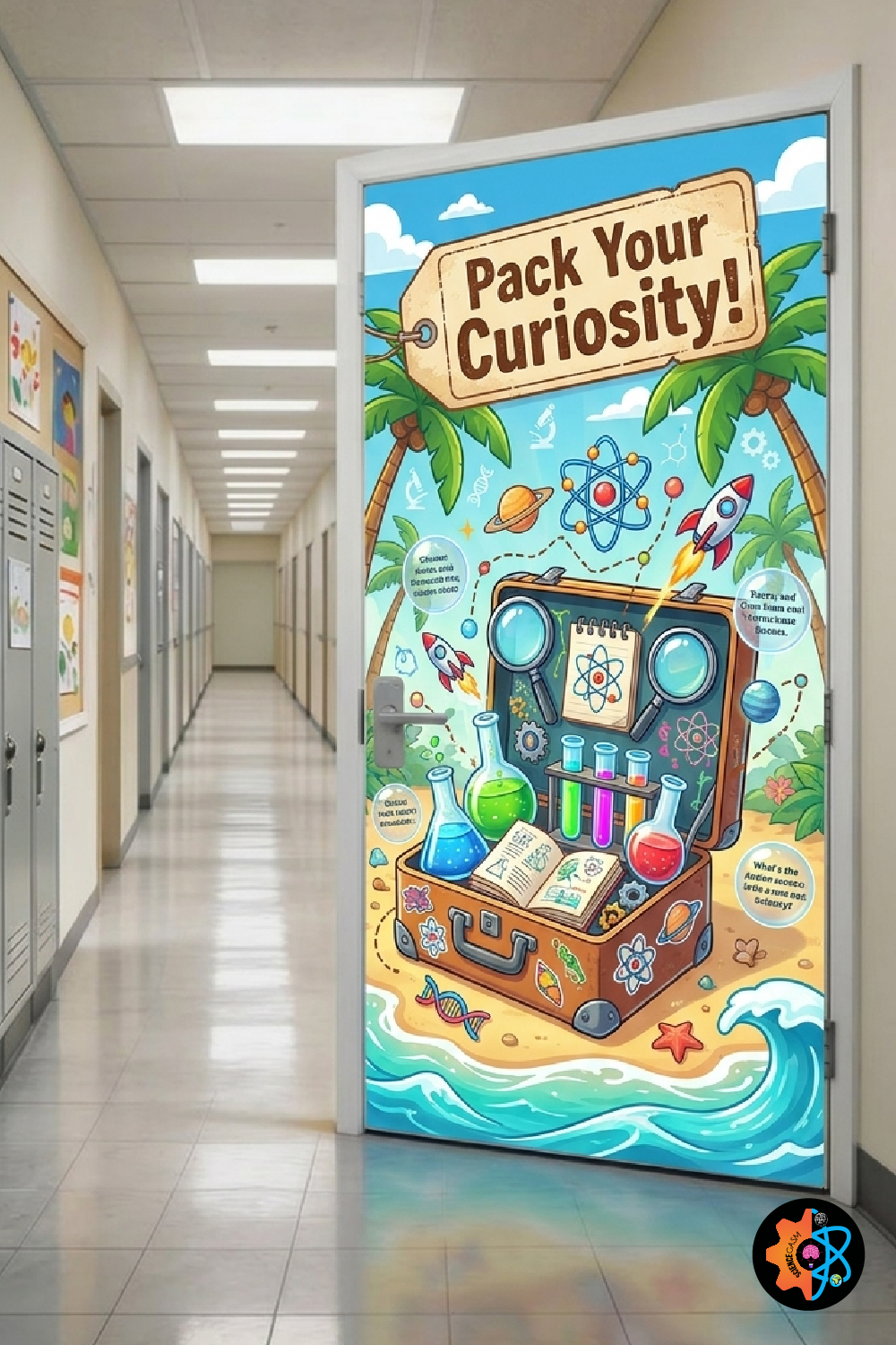 A travel-themed classroom door decoration featuring a suitcase filled with science equipment on a tropical beach under a sign that reads Pack Your Curiosity.
