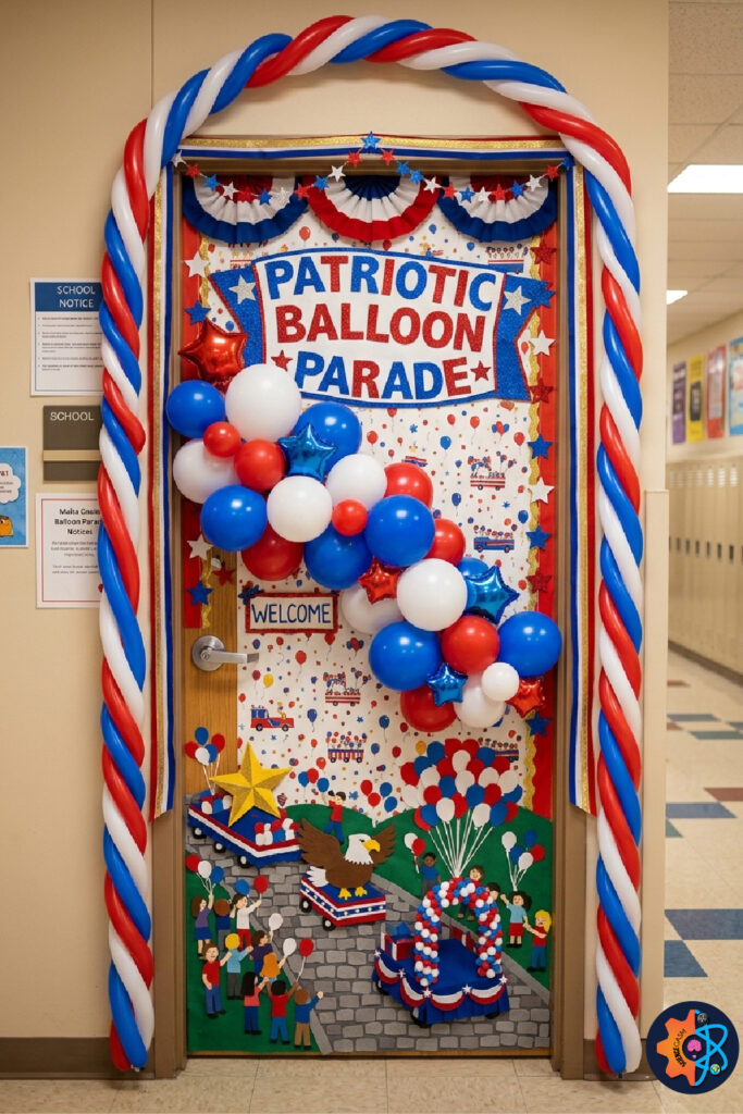 Balloon parade classroom door decoration with red white and blue patriotic theme