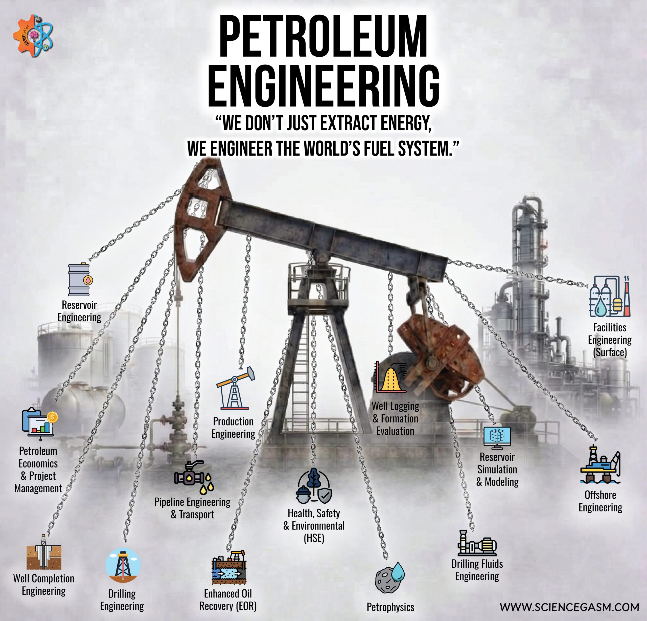 An educational earth science infographic titled Petroleum Engineering featuring a large industrial oil pumpjack connected by chains to subfields like drilling engineering, reservoir simulation, and offshore engineering.