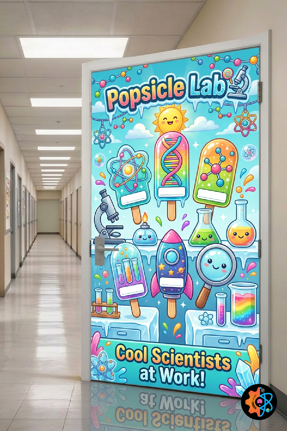 A colorful popsicle-themed science classroom door decoration featuring popsicles shaped like rockets, DNA strands, and atom models with student name tags under the title Popsicle Lab: Cool Scientists at Work.