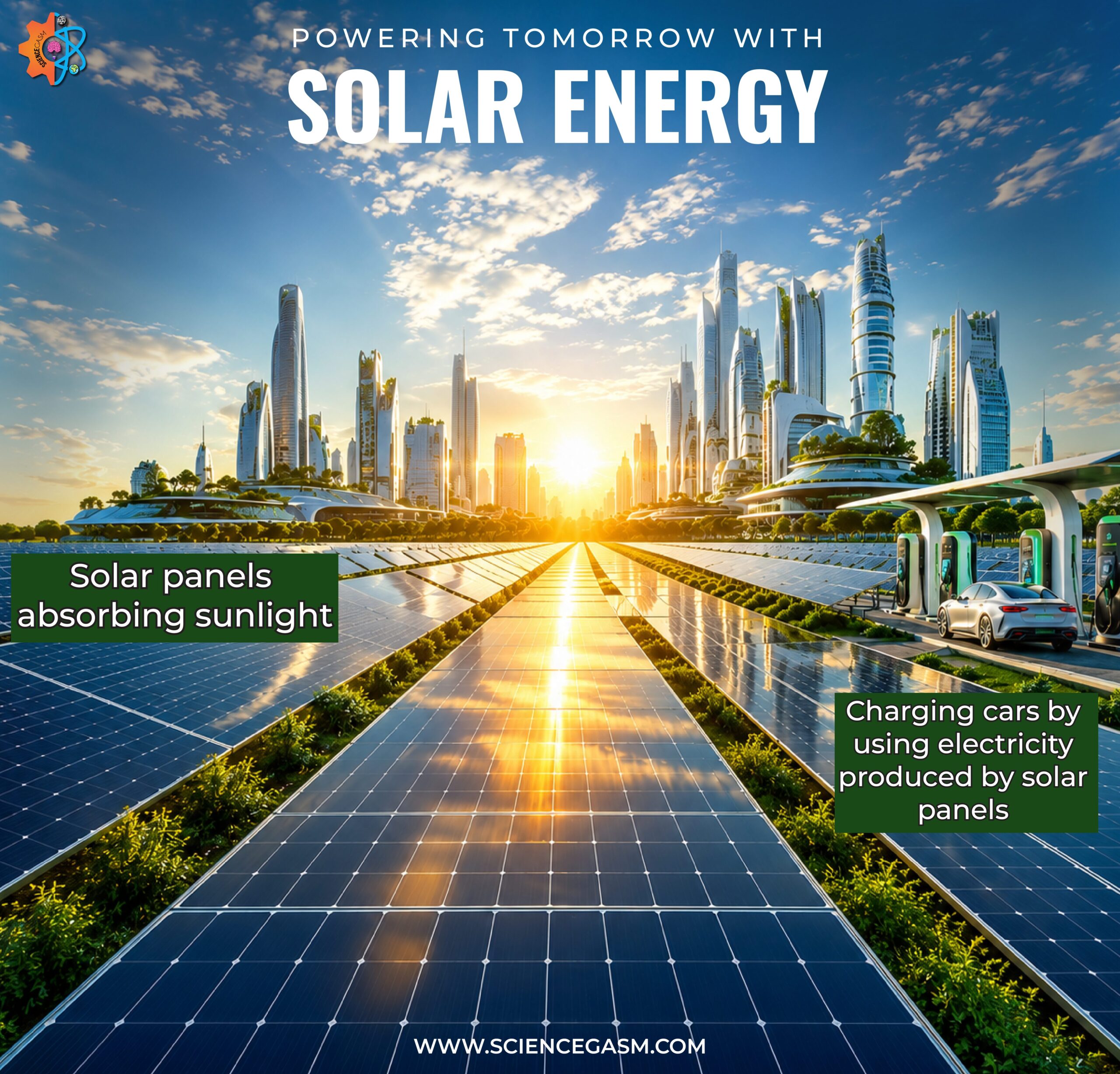 An educational science graphic titled Powering Tomorrow with Solar Energy, showing a vast array of solar panels leading to a futuristic city with an electric vehicle charging station.