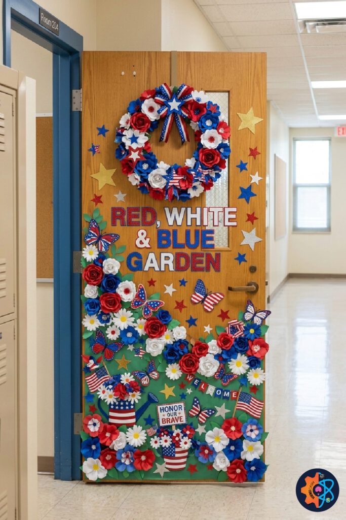 Red white and blue floral classroom door decoration for Fourth of July school hallway decor.