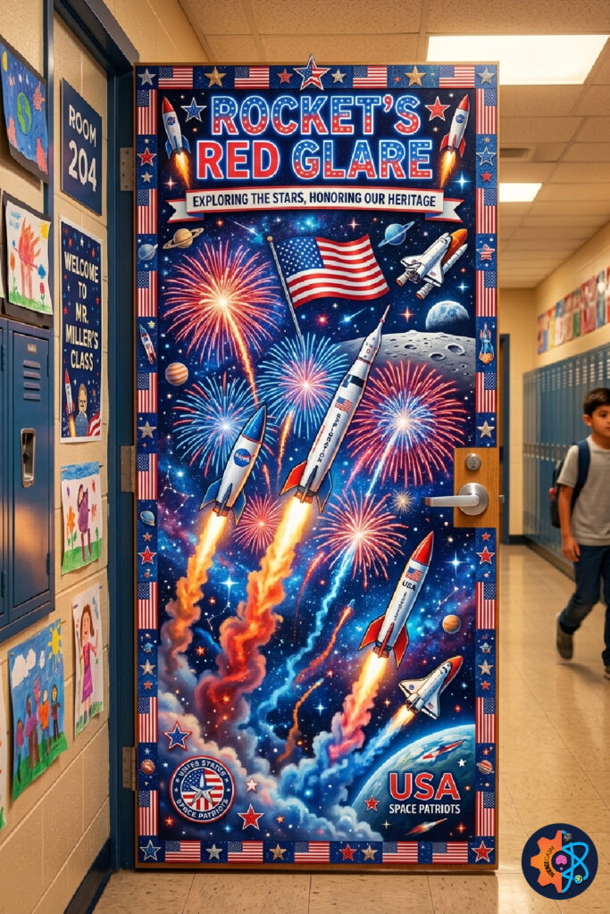 Space themed patriotic classroom door with rockets fireworks and American flag in outer space