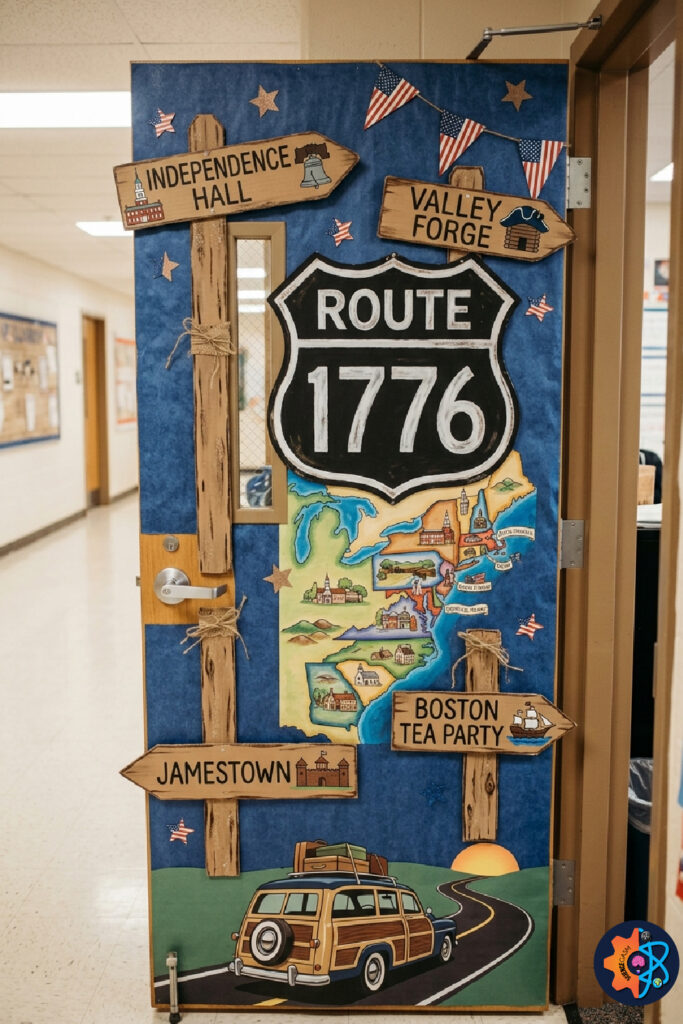 Route 1776 patriotic classroom door featuring historical American landmarks and road trip theme