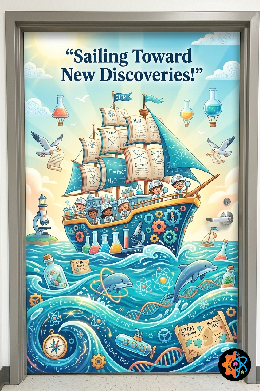 A nautical-themed science classroom door decoration showing a ship with mechanical gears and sails covered in math formulas, carrying young students across an ocean filled with dolphins, atoms, and a treasure map under the text Sailing Toward New Discoveries.