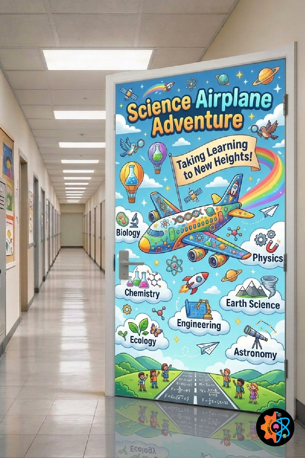 An aviation-themed science classroom door decoration featuring a colorful airplane flying above a runway, surrounded by different branches of science like biology, physics, and astronomy under the text Science Airplane Adventure.