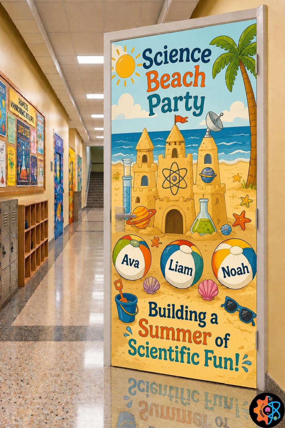 Beach themed classroom door decoration titled Science Beach Party featuring a sandcastle decorated with an atom, laboratory flasks, and beach balls with student names.