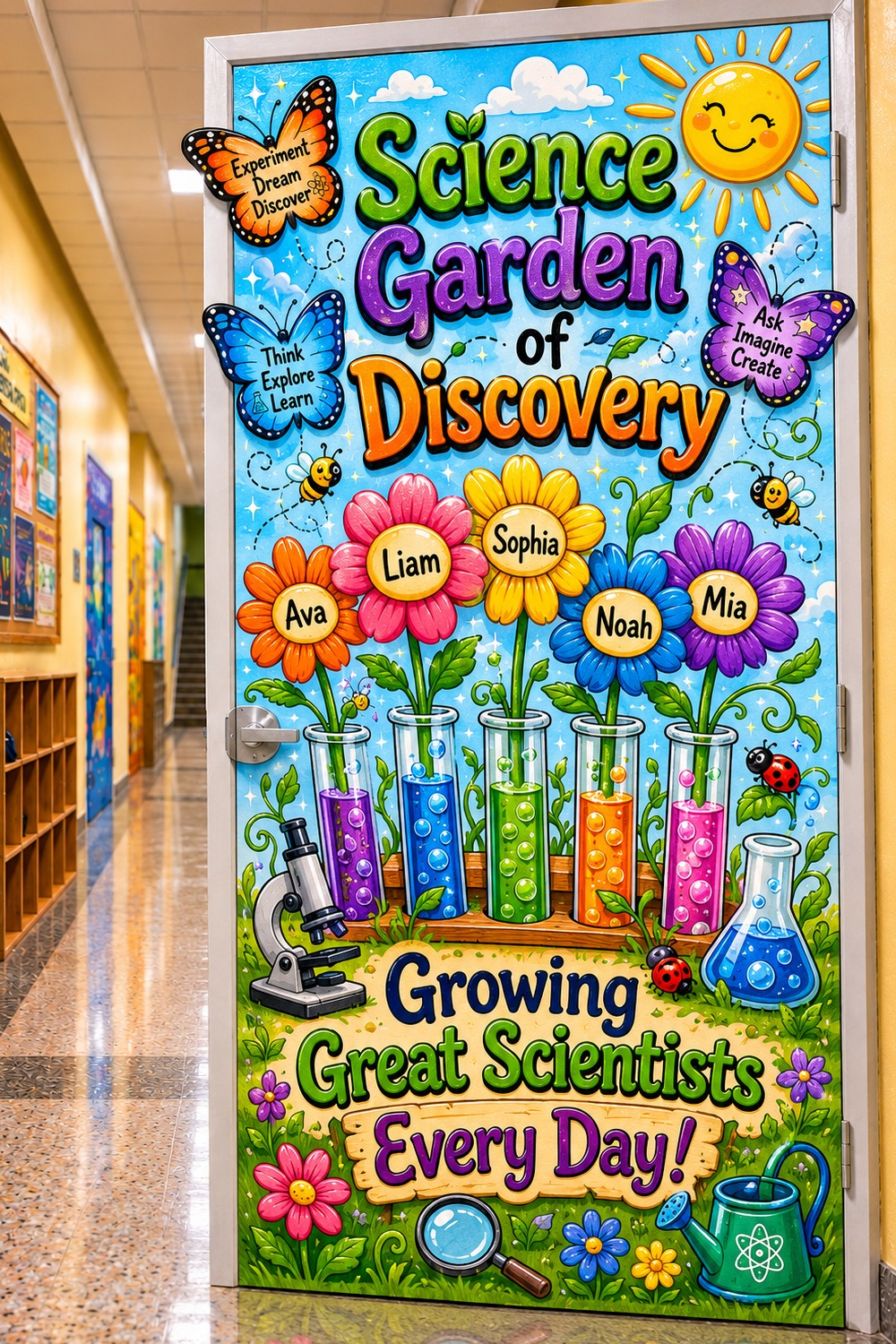 Science garden themed classroom door decoration with colorful flowers growing from laboratory test tubes featuring student names and butterflies.