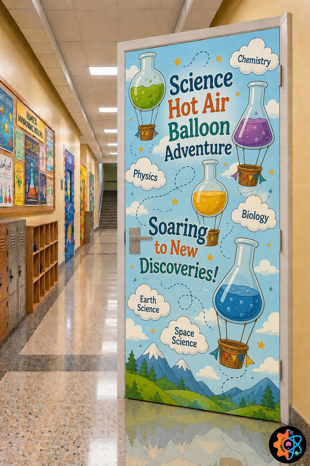 Hot air balloon themed classroom door decoration with colorful chemistry flasks as balloons soaring over mountains with labels for physics, biology, and earth science.