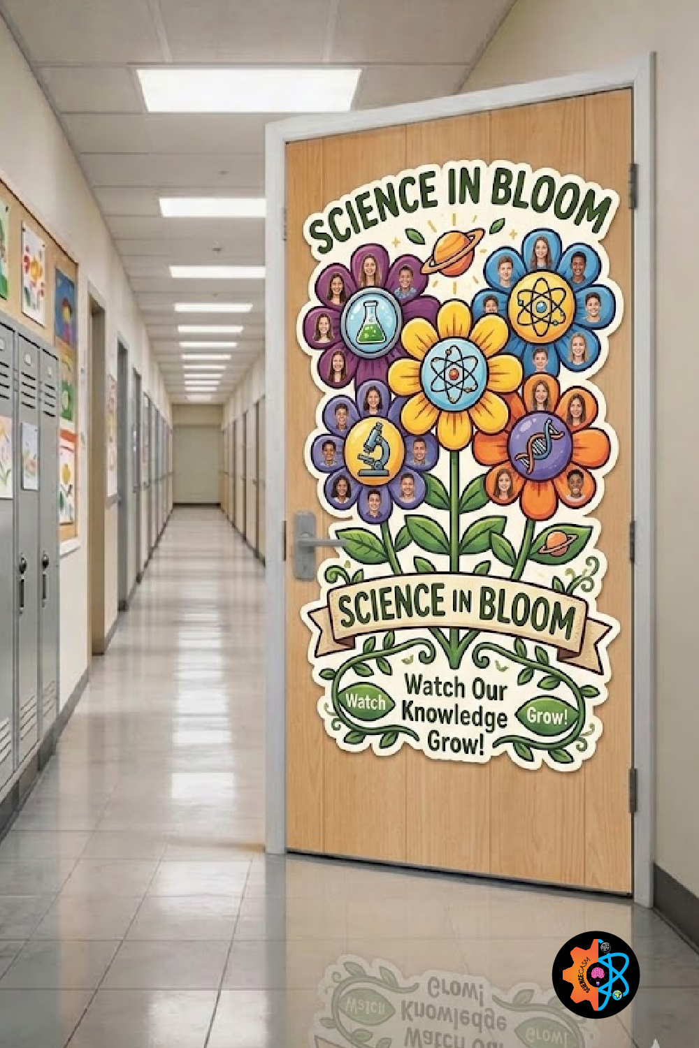 Science in Bloom classroom door decoration kit with colorful flower cutouts featuring student photos and STEM science icons.