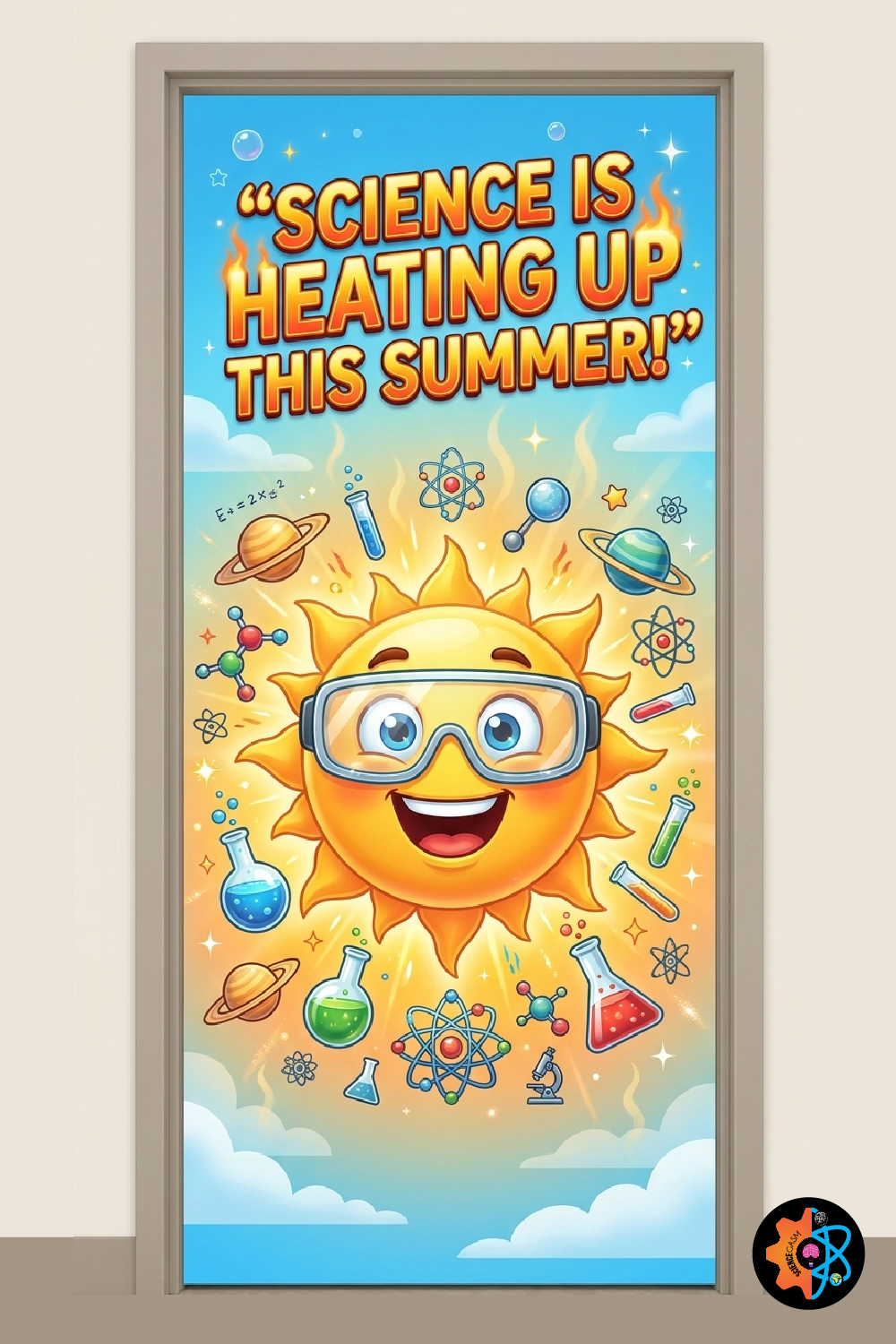 Vibrant summer science classroom door decoration featuring a large smiling cartoon sun wearing scientific safety goggles surrounded by physics atom models and chemistry laboratory flasks.