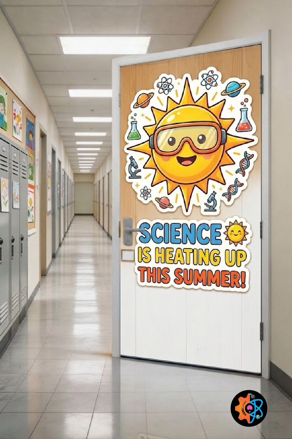Colorful science classroom door decoration featuring a smiling sun, laboratory equipment, planets, DNA symbols, and the message “Science Is Heating Up This Summer” in a school hallway.