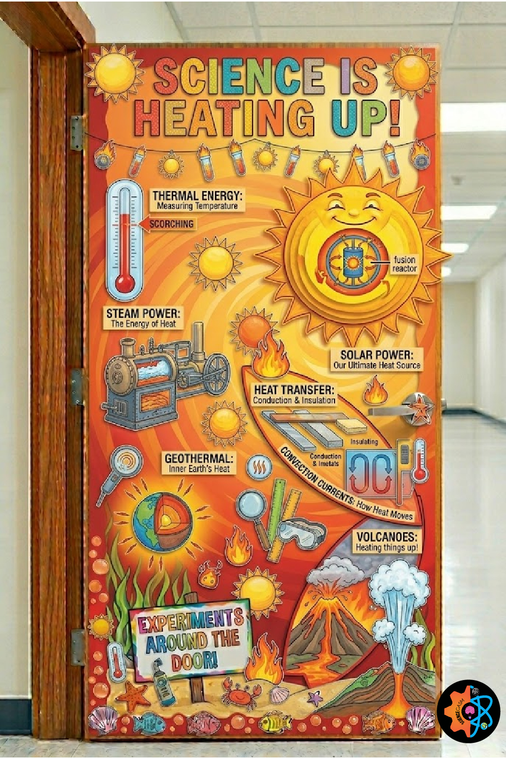 Science is Heating Up classroom door decoration showing thermal energy concepts like steam power, solar fusion, geothermal layers, and erupting volcanoes.
