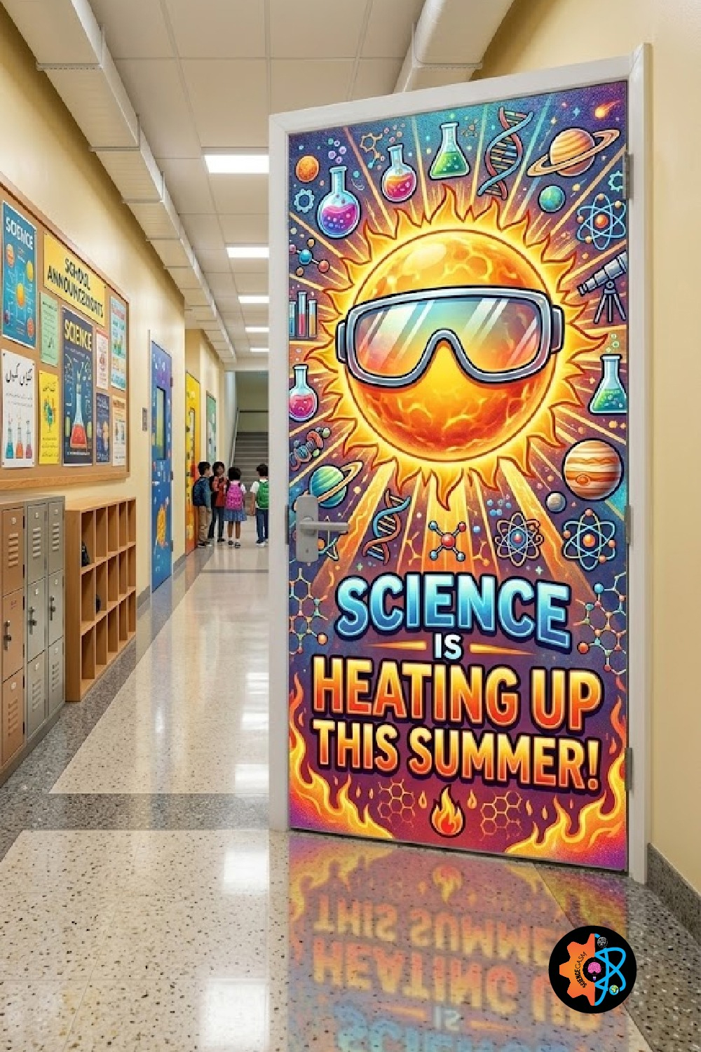 Vibrant summer science classroom door decoration featuring a large smiling sun wearing goggles surrounded by chemistry flasks, atoms, and planets.