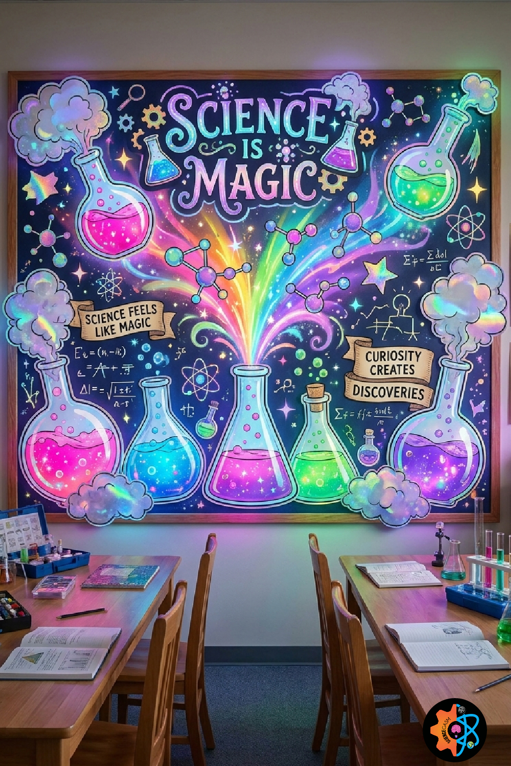Science Is Magic chemistry bulletin board featuring colorful laboratory flasks, glowing chemical reactions, molecular structures, STEM classroom decorations, and interactive science classroom wall display.