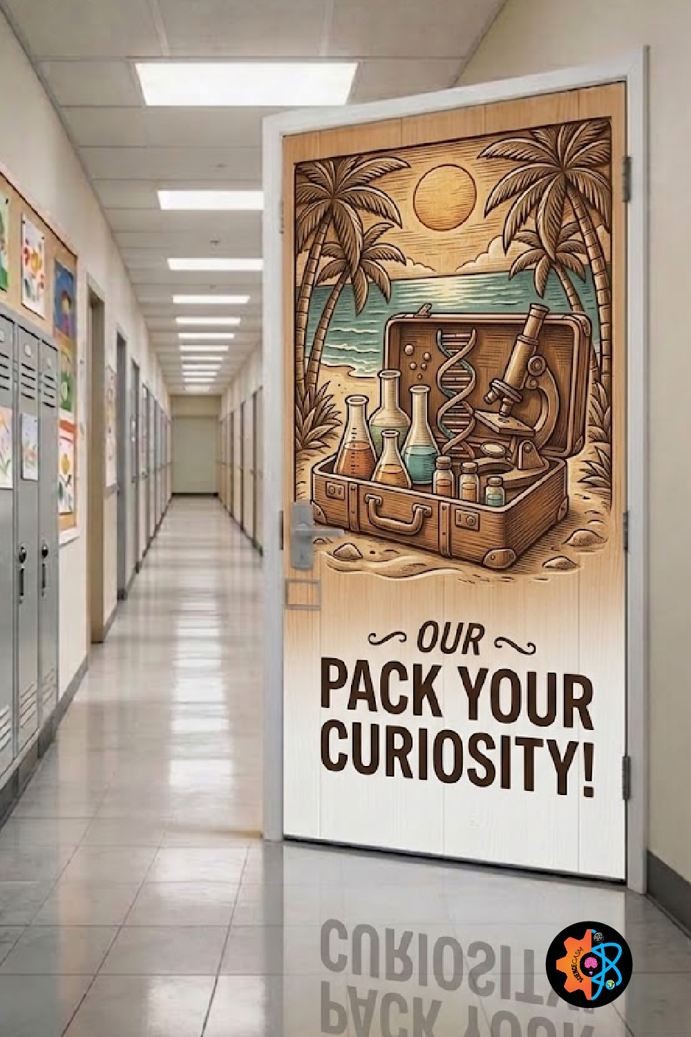Creative science classroom door design with laboratory equipment, DNA model, microscope, and “Pack Your Curiosity” motivational quote in a school hallway
