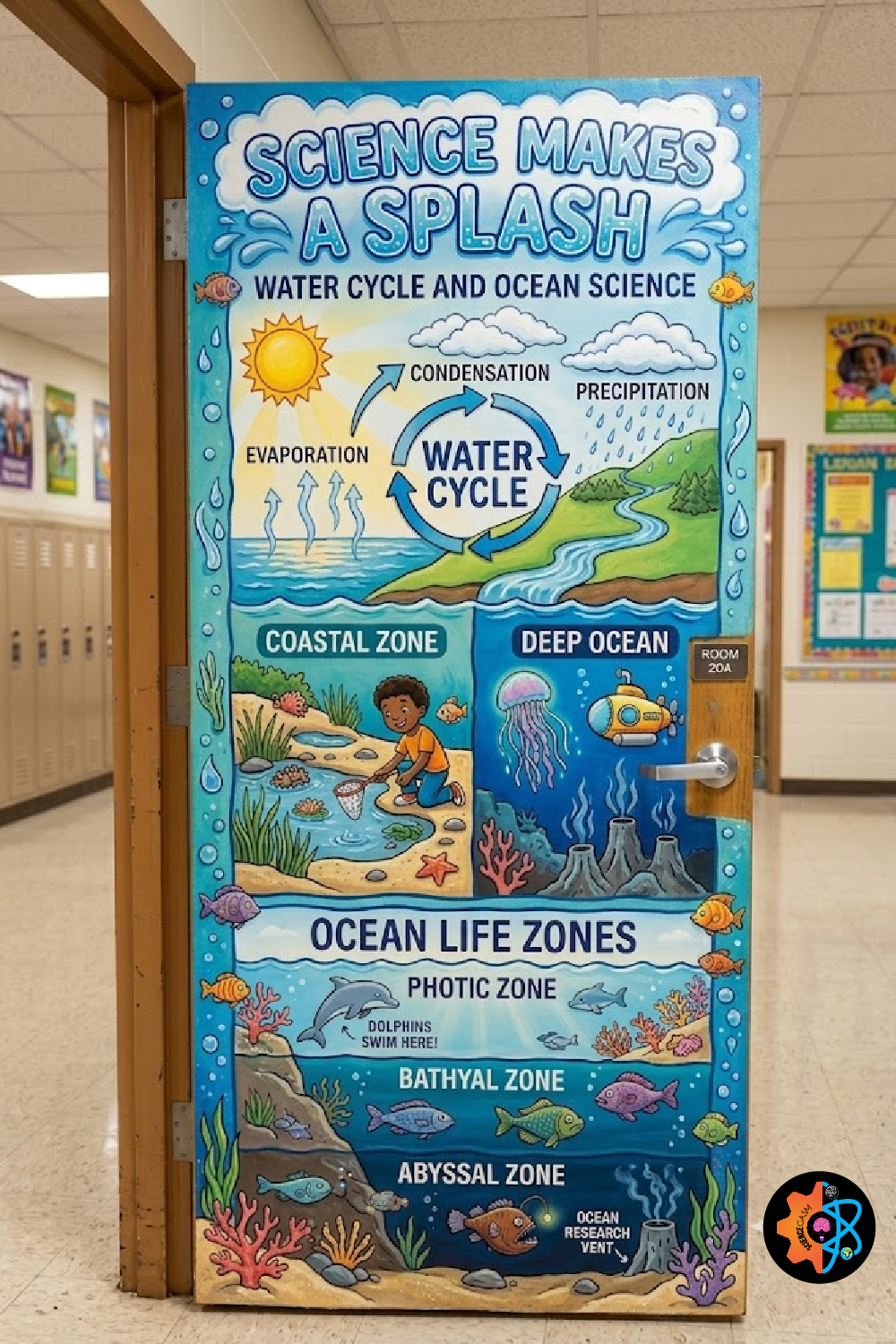 Science Makes a Splash classroom door decoration featuring a water cycle diagram, coastal zones, deep ocean submersibles, and marine life depth zones.