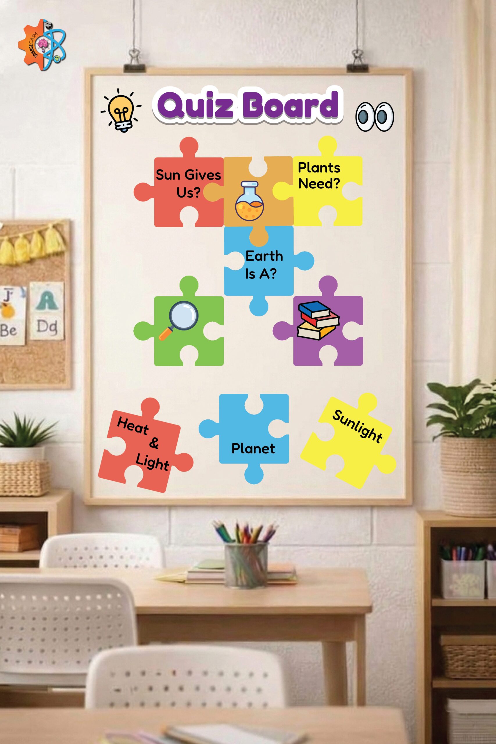 An interactive puzzle matching science poster titled Quiz Board displayed on an organized elementary classroom wall.