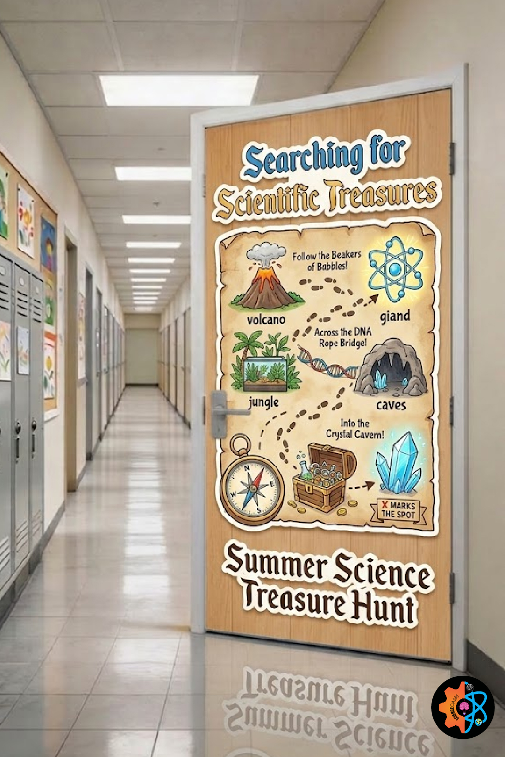 Treasure map themed science classroom door decoration featuring paths connecting a volcano, jungle, caves, and a crystal cavern with a treasure chest.