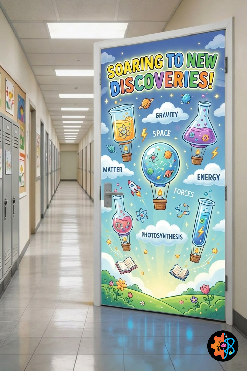 A hot air balloon-themed science classroom door decoration featuring laboratory beakers and flasks floating as hot air balloons with physics and chemistry keywords under the text Soaring to New Discoveries.