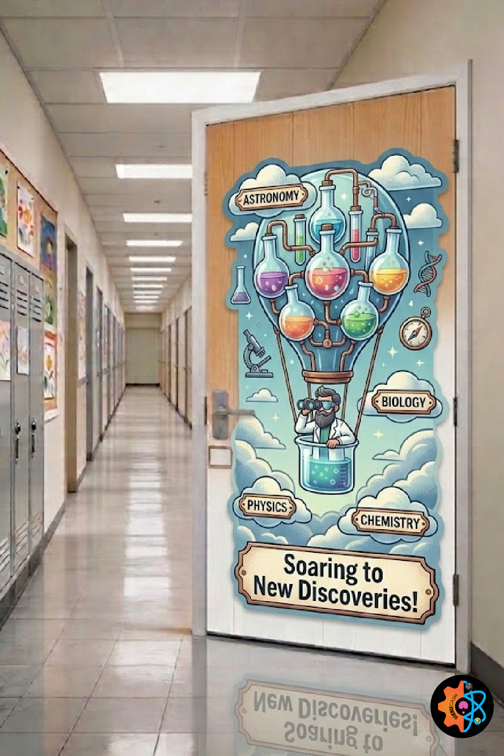 Science themed classroom door decoration with a hot air balloon made of colorful chemistry flasks carrying a scientist into a cloudy sky.