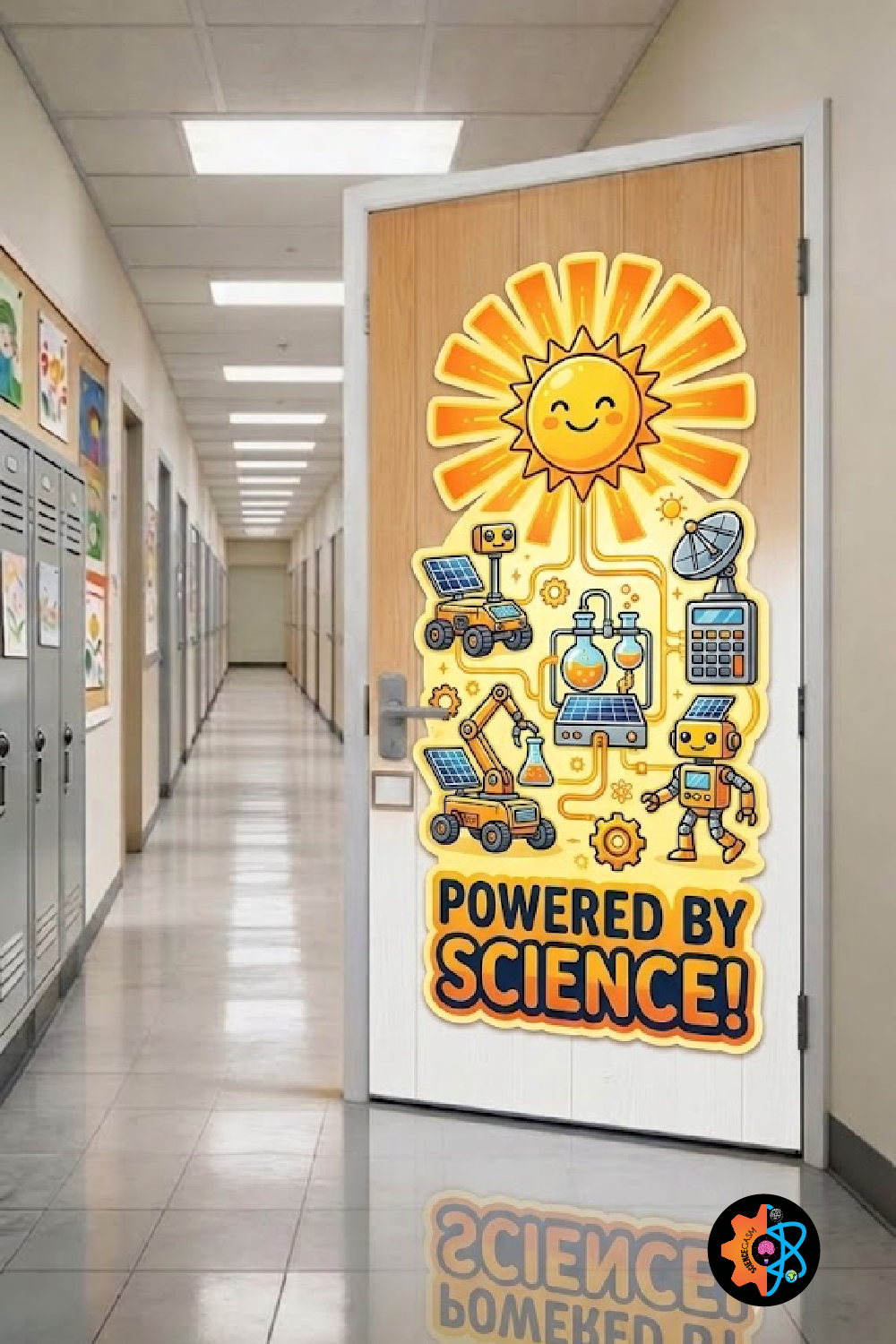 Bright science classroom door design with smiling sun, solar energy, robots, and “Powered by Science” STEM theme in school hallway