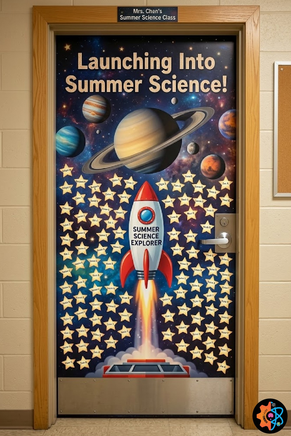 Space-themed classroom door with rocket launch, planets, stars and “Launching Into Summer Science” STEM design in school hallway