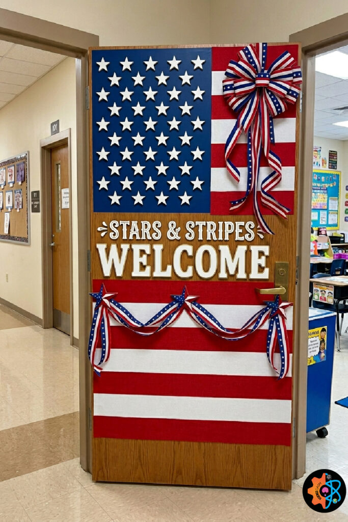 Simple patriotic classroom door with stars stripes and red white blue ribbon decor