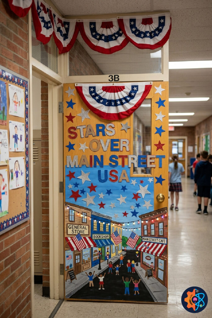 Main Street USA patriotic classroom door with stars flags and small town celebration theme