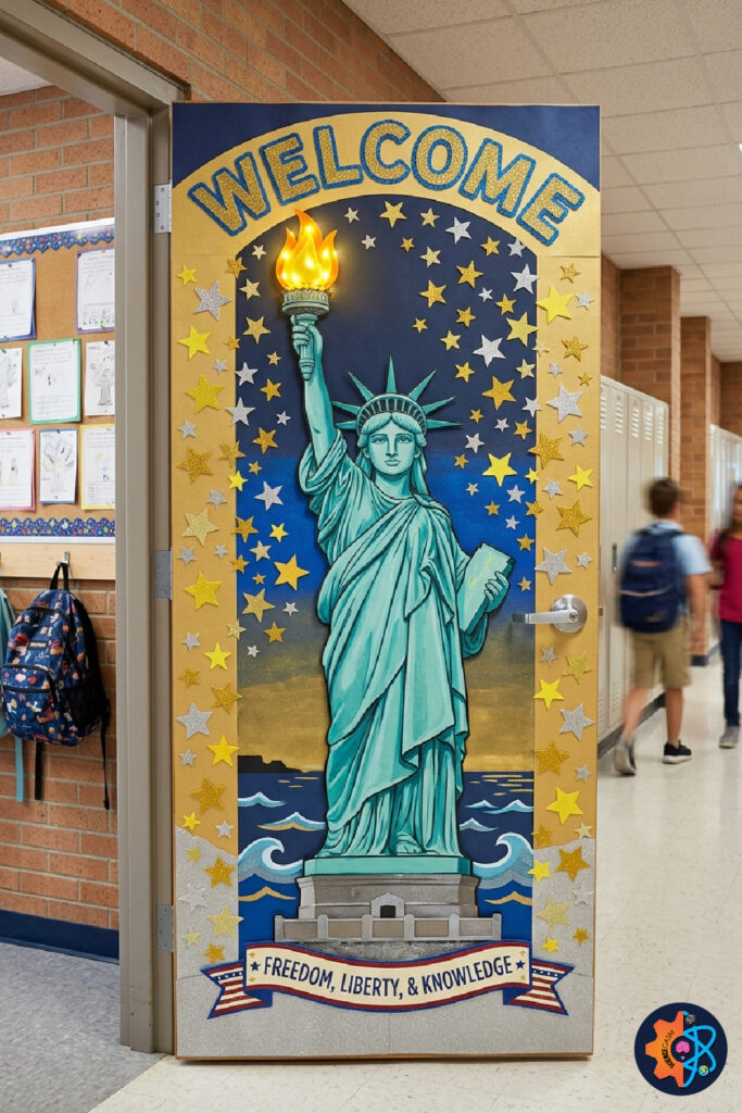 Statue of Liberty classroom door decoration with stars and patriotic welcome message