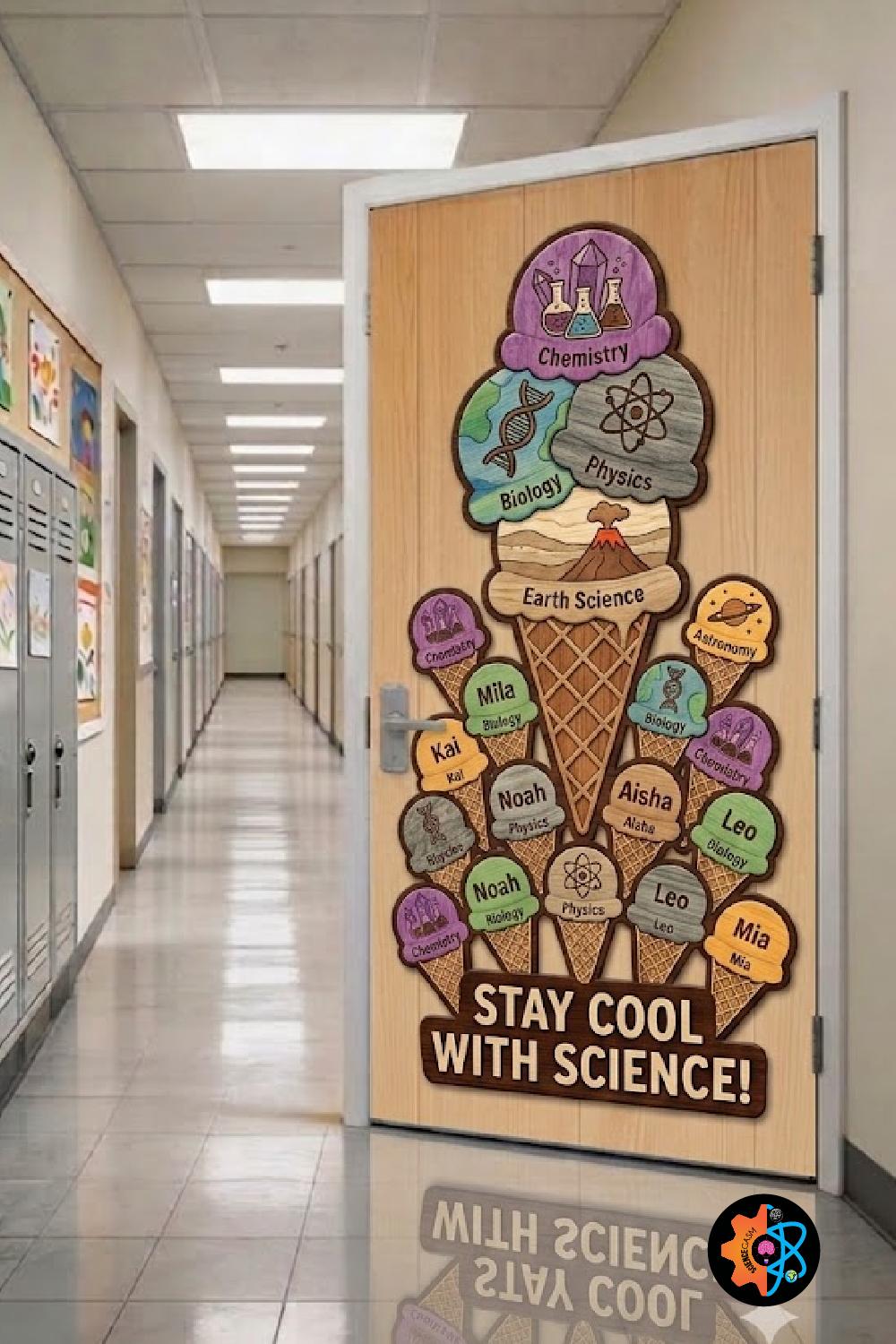 Creative science classroom door decoration featuring an ice cream cone design with Chemistry, Biology, Physics, Earth Science, and Astronomy themes, alongside the message “Stay Cool with Science.”