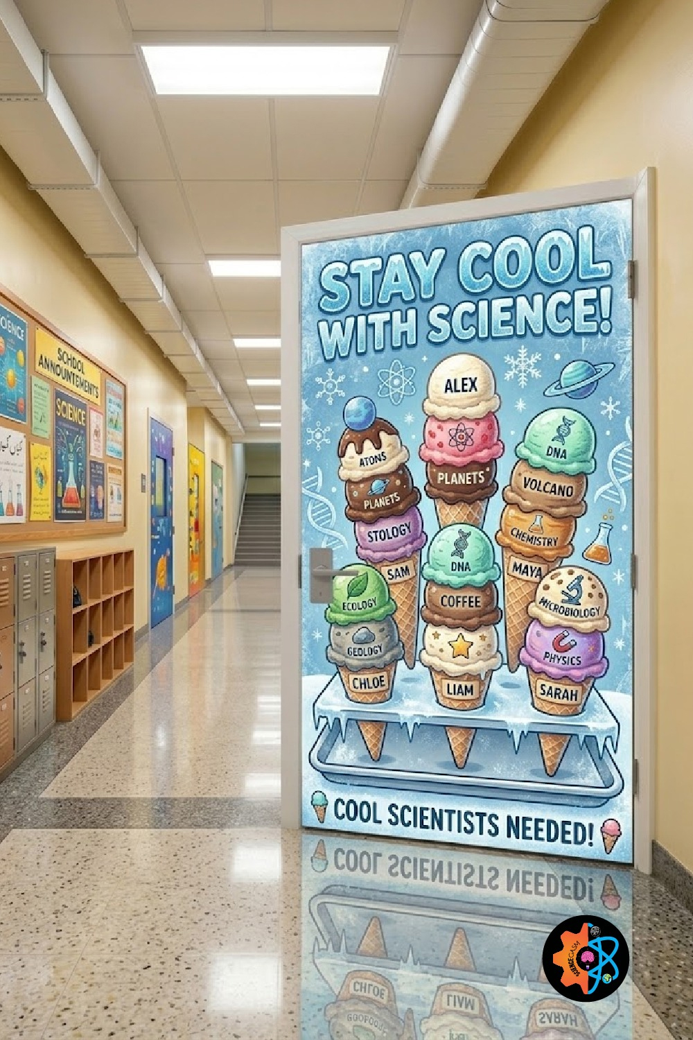 Ice cream themed science classroom door decoration titled Stay Cool with Science featuring stacked ice cream scoops labeled with STEM topics and student names