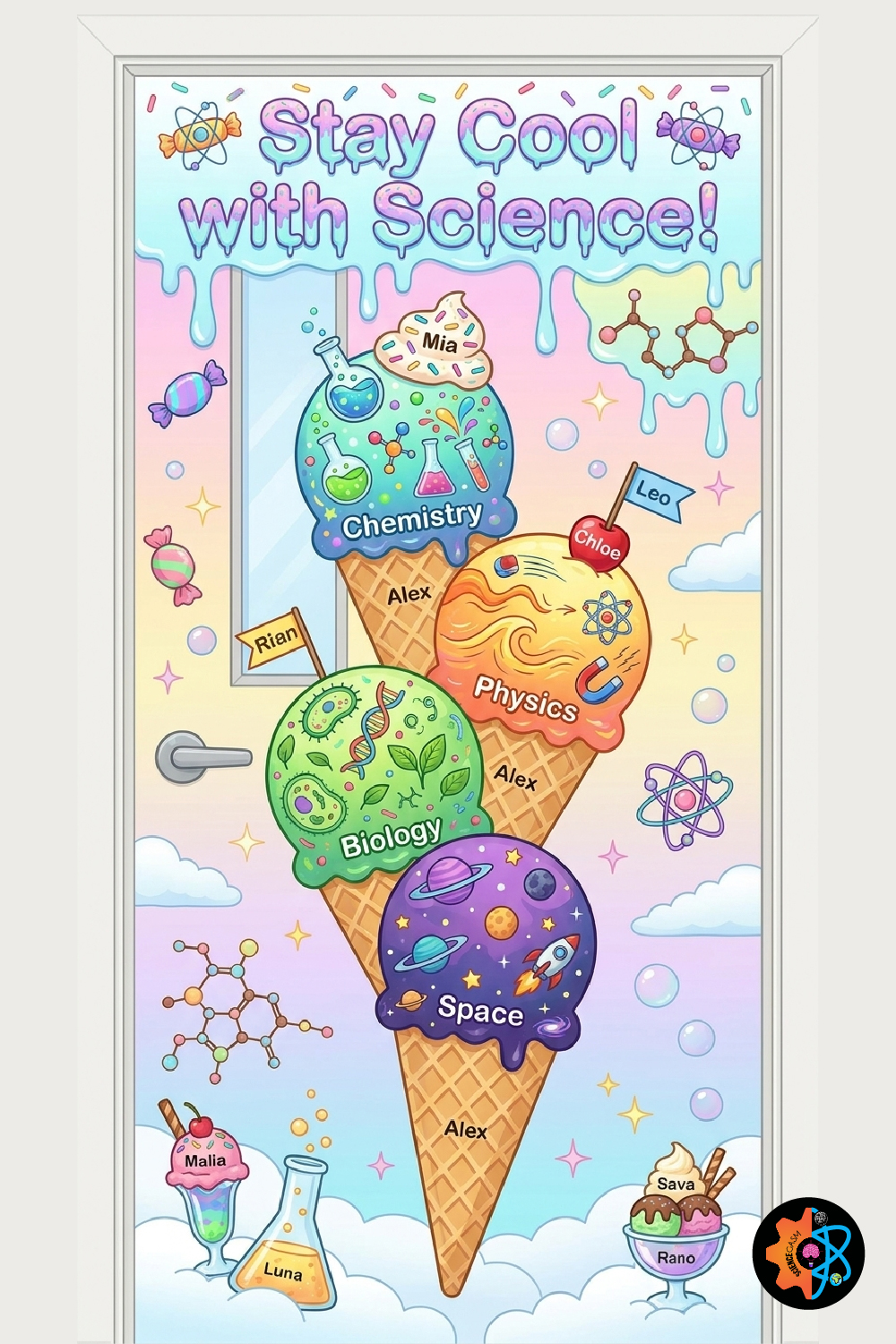An ice cream cone door decoration featuring scoops labeled Chemistry, Physics, Biology, and Space with name tags for students and the headline Stay Cool with Science.