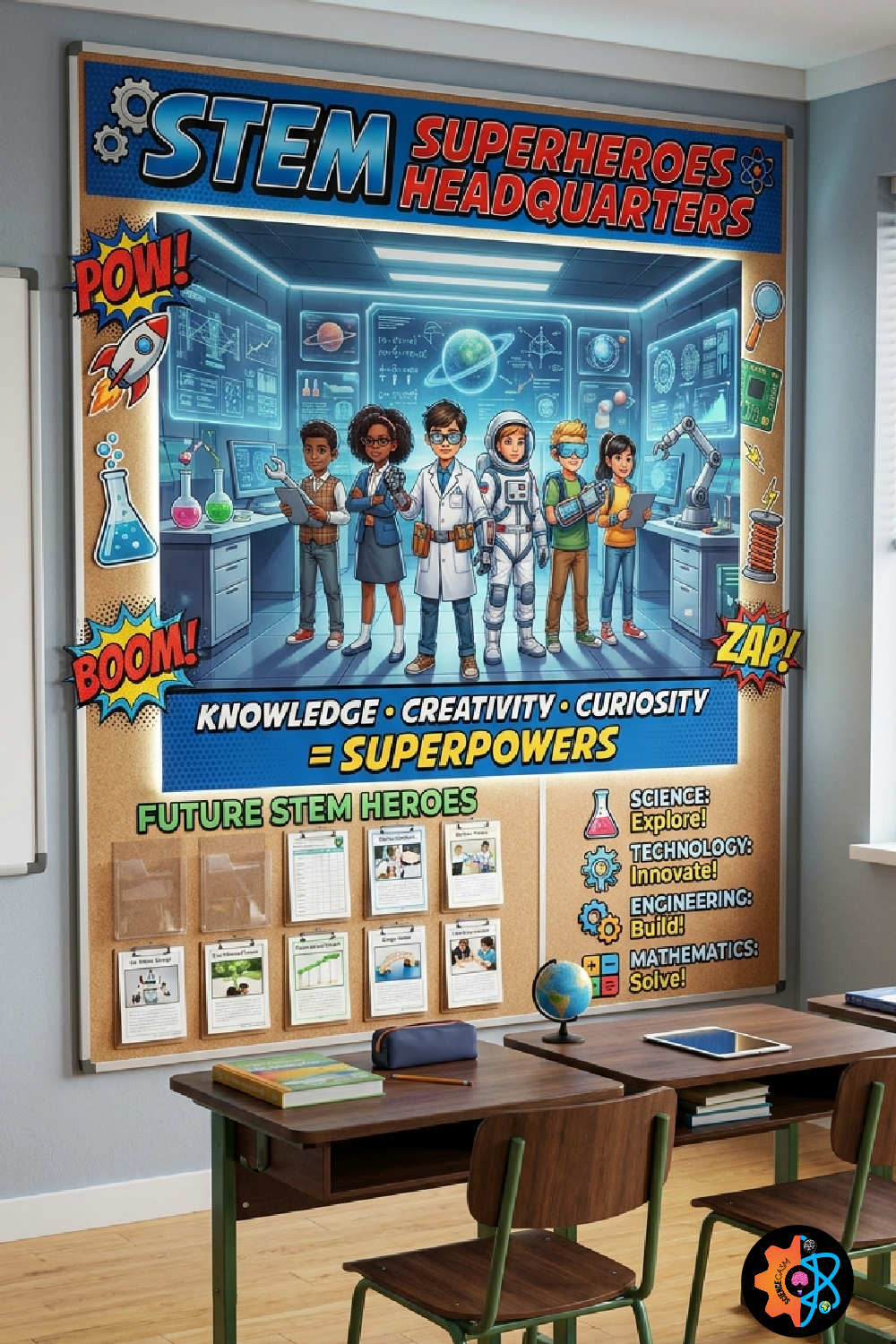 STEM Superheroes Headquarters bulletin board with science, technology, engineering, and mathematics classroom decorations, superhero theme, and interactive student display.