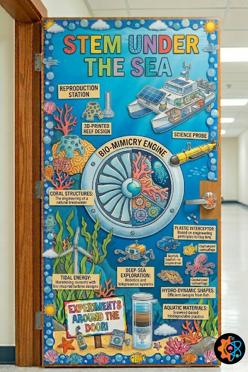 STEM Under the Sea classroom door decoration showcasing ocean engineering concepts like bio-mimicry engines, solar research boats, and tidal turbines.