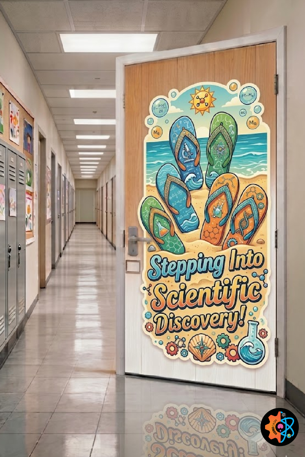 Beach themed classroom door decoration with colorful flip-flops featuring science patterns on a sandy shore under a bright sun.