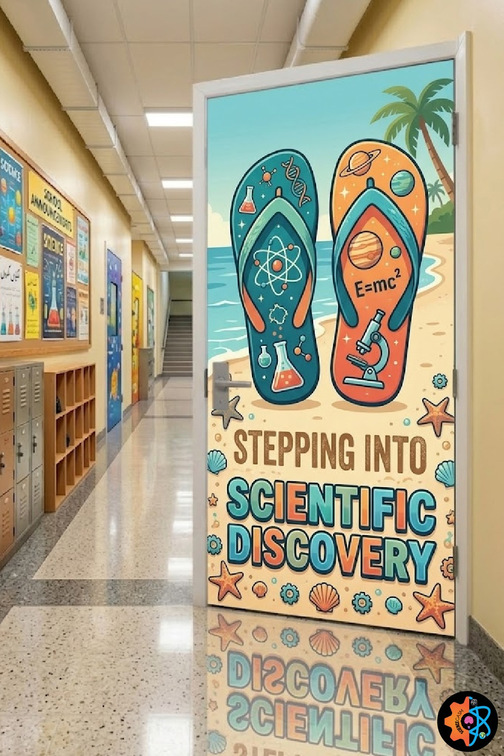 Beach themed classroom door decoration titled Stepping Into Scientific Discovery featuring large flip-flops detailed with science lab flasks, atom physics, space planets, and microscope graphics.