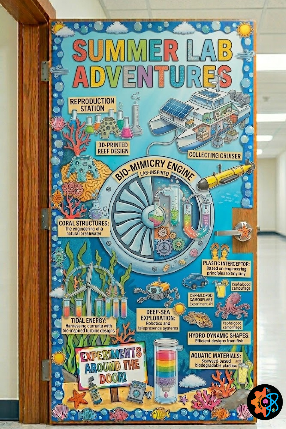 Summer Lab Adventures classroom door decoration featuring marine engineering themes like a bio-mimicry engine, solar collecting cruiser, and deep-sea exploration.