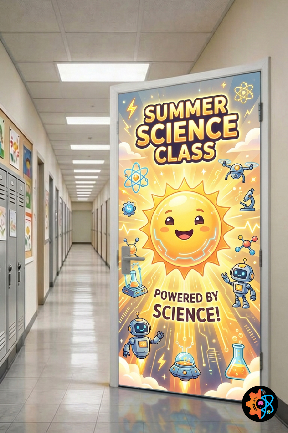 A bright summer science classroom door decoration featuring a smiling cartoon sun surrounded by robots, drones, and laboratory equipment under the title Summer Science Class Powered by Science.
