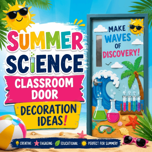 A promotional graphic for summer science classroom door decoration ideas featuring a beach-themed door wrap with lab flasks, a palm tree, and the text Make Waves of Discovery.